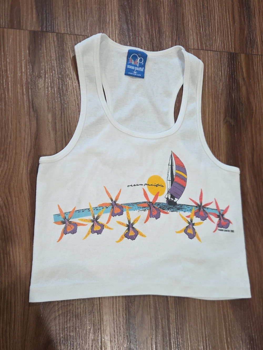 Vintage OP Summer Beach Women Single Stitch Tank Sz Medium Ocean Pacific Tourist